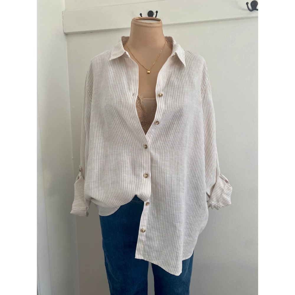 Chico's 100% Linen Beige & White Stripe Button Down XL